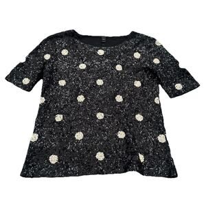 J Crew Women's Top Size XXS Black White Polka Dot Sequin Blouse Sparkle Party